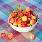 Sweet Rainier cherries ripen in June.